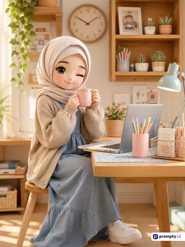 Gambar berstylkan animasi 3D Pixar ini menampilkan seorang gadis berhijab krem yang sedang duduk di meja kerja kayu di ruangan bernuansa hangat, dengan tiga warna dominan yaitu cokelat kayu, krem lembut, dan biru muda, serta kata kunci: animasi, wanita berhijab, ruang kerja, estetis, dan santai.