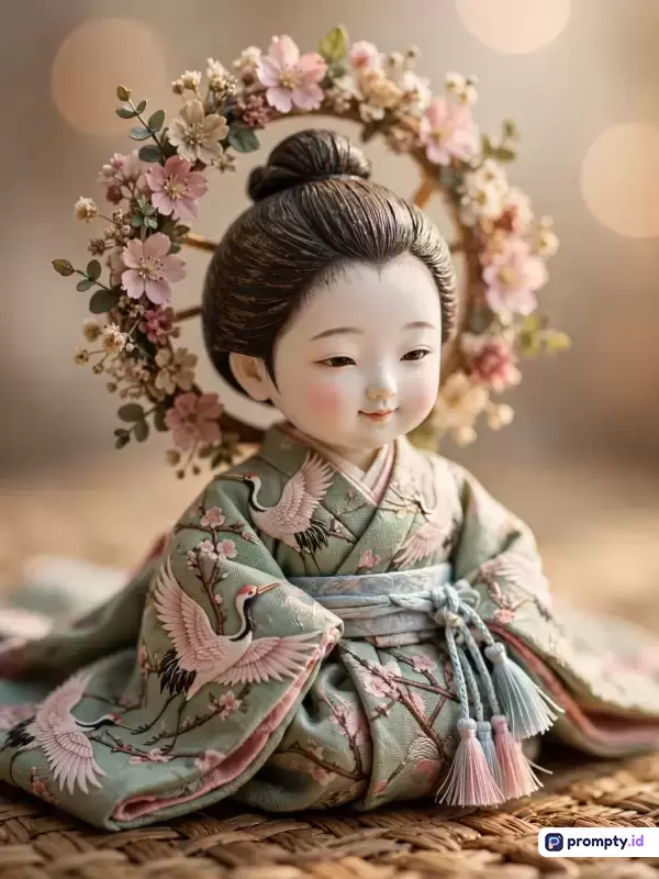 Gambar bergaya fotografi makro yang artistik ini menampilkan konten boneka tradisional Jepang berukuran kecil berbalut kimono hijau bermotif burung bangau dan bunga sakura dengan latar belakang bokeh lembut, menggunakan kata kunci boneka Jepang, kimono, bunga sakura, burung bangau, dan tradisi, serta didominasi oleh tiga warna yaitu hijau sage, merah muda pastel, dan cokelat muda.