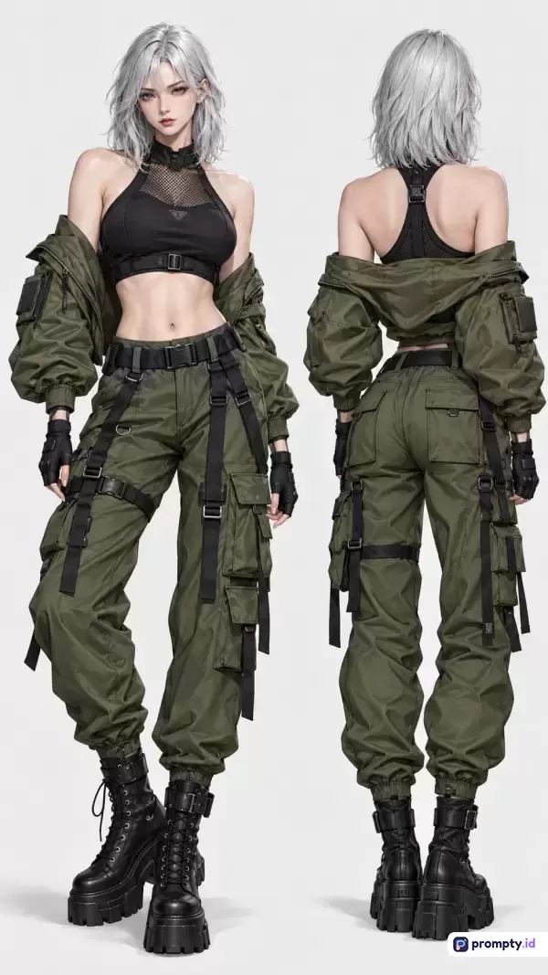 Gambar bergaya ilustrasi digital karakter wanita futuristik berambut perak pendek yang menampilkan tampak depan dan belakang dengan mengenakan pakaian gaya *cyberpunk* taktis berupa *crop top* hitam, jaket bomber hijau zaitun, celana kargo bersabuk banyak, dan sepatu bot tebal, dengan kata kunci desain karakter, fesyen masa depan, fiksi ilmiah, militer urban, estetika *techwear*, serta didominasi oleh warna hijau zaitun, hitam, dan abu-abu.