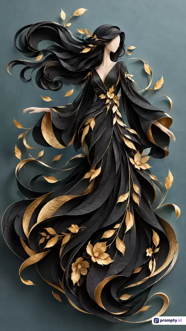 Gambar bergaya seni pop-up kertas 3D ini menampilkan wanita elegan berambut hitam mengembang dengan gaun mewah yang dikelilingi dedaunan emas, menggunakan palet warna dominan hitam, emas, dan abu-abu kebiruan, serta kata kunci wanita, seni kertas, hitam, emas, elegan.