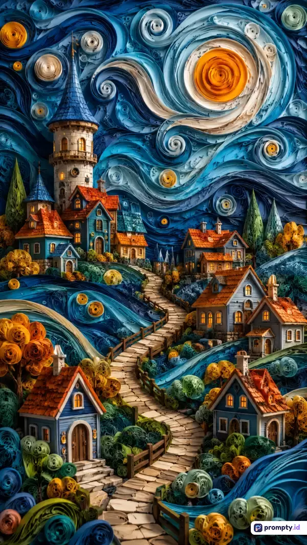 Gambar bertema seni paper quilling ini menampilkan desa menawan dengan jalan setapak berbatu di bawah langit malam berpusar yang terinspirasi dari gaya Van Gogh, didominasi oleh warna biru tua, jingga hangat, dan putih krem, serta mencakup kata kunci desa dongeng, langit malam, seni kertas, gulungan kertas, dan malam berbintang.