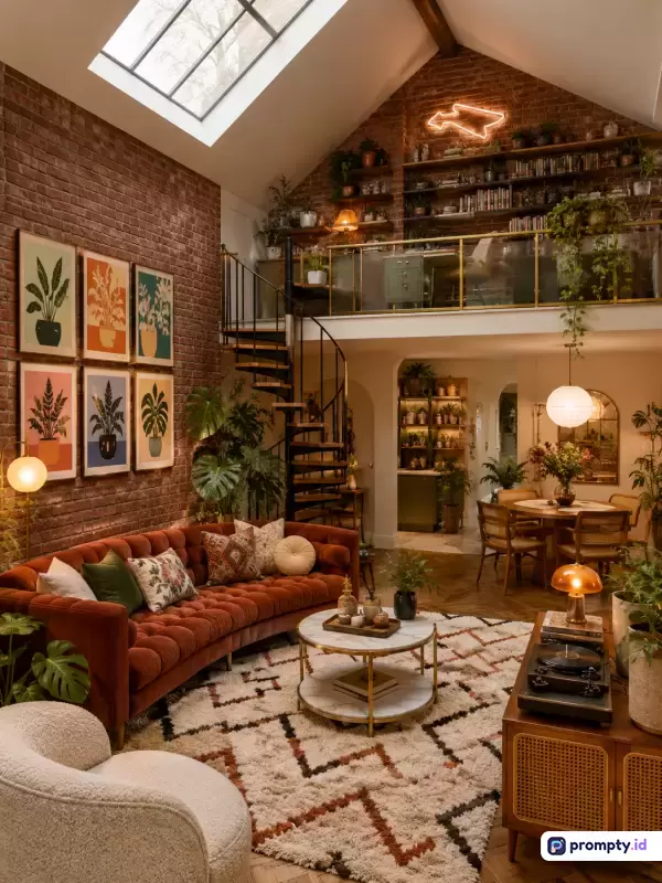Gambar bergaya industrial-boho modern ini menampilkan konten ruang tamu loteng bertingkat dengan dinding bata ekspos, tangga spiral hitam, sofa beludru cokelat bata, dan dekorasi tanaman hijau subur, yang diperkaya dengan kata kunci seperti desain interior, ruang keluarga, loteng, bata ekspos, dan boho, didominasi oleh warna cokelat, krem, dan hijau.