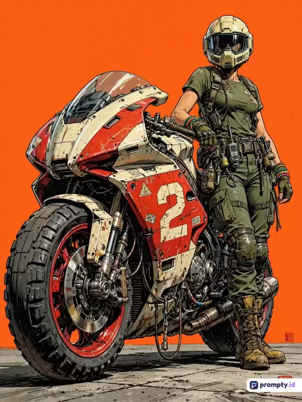 Gambar bergaya ilustrasi komik fiksi ilmiah ini menampilkan seorang pengendara wanita berhelm futuristik dan berseragam militer taktis yang berdiri di samping motor sport berat bergaya post-apocalyptic bernomor dua, dengan dominasi warna jingga, merah, dan hijau zaitun, serta kata kunci fiksi ilmiah, pengendara wanita, motor futuristik, pasca-apokaliptik, dan seni komik.