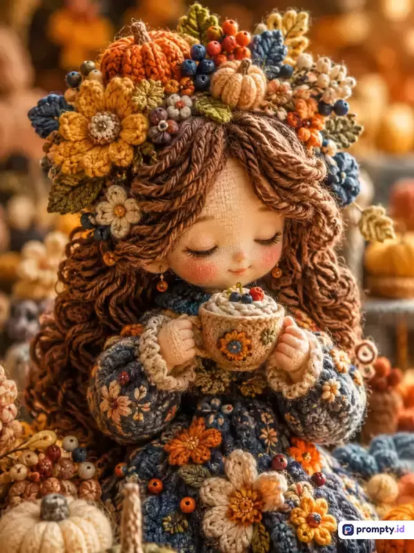 Gambar bergaya *amigurumi* dan rajutan *crochet* beresolusi tinggi ini menampilkan boneka perempuan buatan tangan yang memegang cangkir hangat dengan latar belakang musim gugur bernuansa hangat, menggunakan kata kunci boneka rajut, musim gugur, amigurumi, kerajinan tangan, dan dekorasi musim gugur, didominasi oleh warna cokelat hangat, oranye labu, dan biru tua.
