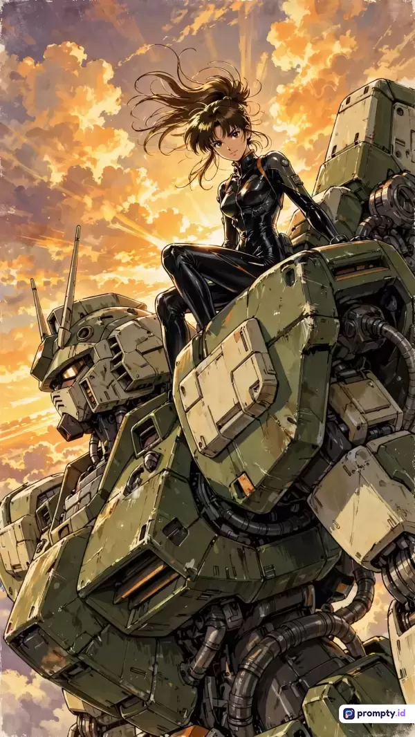 Gambar bergaya anime retro tahun 90-an ini menampilkan seorang wanita berambut kuncir kuda mengenakan pakaian ketat hitam yang sedang duduk di atas robot mecha raksasa berwarna hijau militer bertekstur aus, dengan latar belakang langit senja dramatis berwarna jingga terang, kuning keemasan, dan ungu tua, serta memuat kata kunci anime, mecha, fiksi ilmiah, robot, prajurit, dan senja, dengan tiga warna dominan yaitu jingga, hijau zaitun, dan hitam.