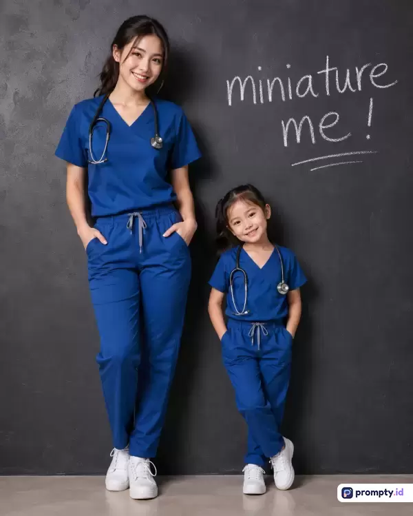 Gambar bergaya fotografi potret realistis ini menampilkan seorang wanita dewasa dan seorang anak perempuan mengenakan seragam medis biru tua serasi dengan stetoskop di latar belakang dinding hitam bertekstur bertuliskan kapur miniature me!, dengan kata kunci dokter, perawat, anak, seragam, medis, stetoskop, dan warna dominan biru tua, putih, serta abu-abu gelap.