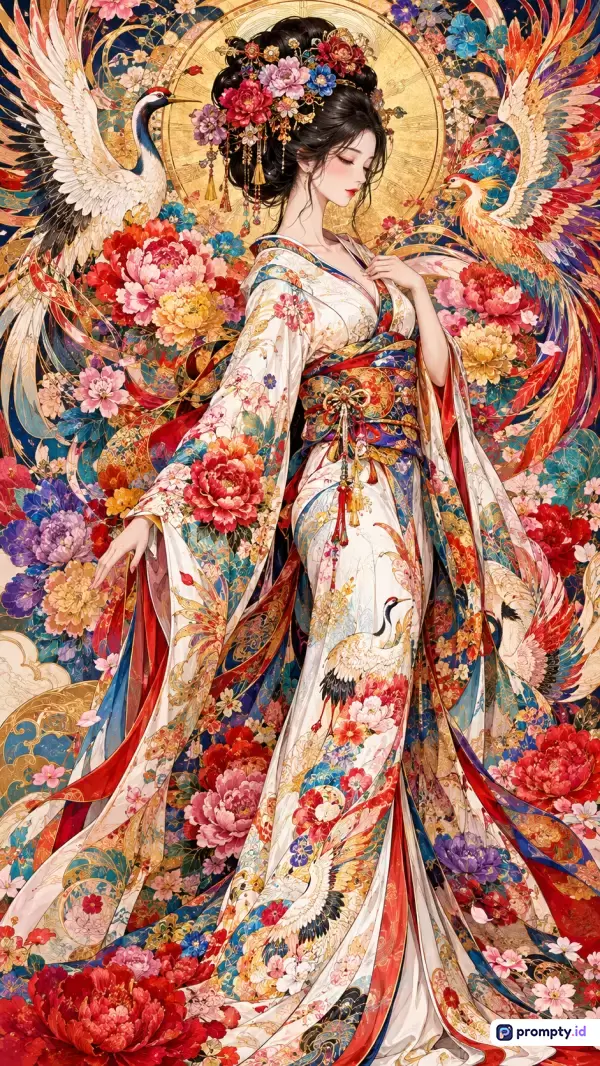 Gambar bergaya ilustrasi digital surealis ini menampilkan wanita berambut hitam dengan sanggul hiasan bunga mengenakan kimono putih bermotif rumit diapit burung bangau dan phoenix dengan latar belakang penuh bunga peony, yang menggunakan palet warna dominan merah, emas, dan biru, serta kata kunci: wanita Jepang, kimono, burung bangau, phoenix, bunga peony, seni digital, surealis, elegan.