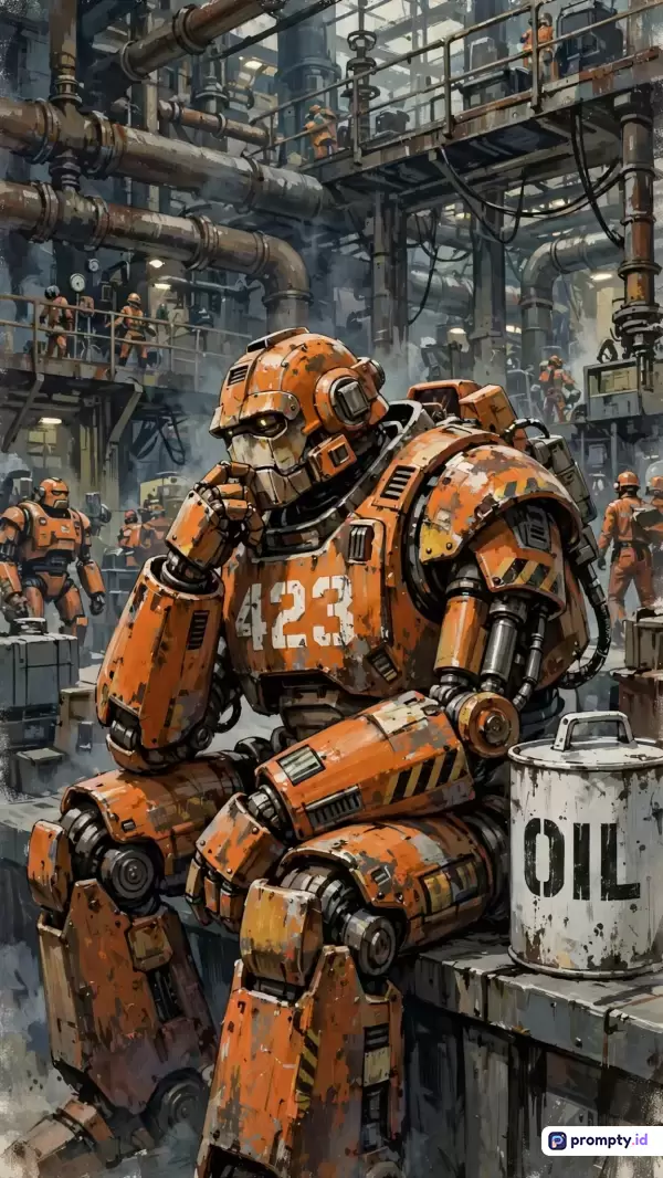 Gambar bergaya ilustrasi digital fiksi ilmiah industrial ini menampilkan robot pekerja oranye bernomor 423 yang sedang duduk merenung di tengah kompleks pabrik yang sibuk, dengan kata kunci robot, industri, sci-fi, pekerja, pabrik, dan warna dominan oranye, abu-abu, serta putih.