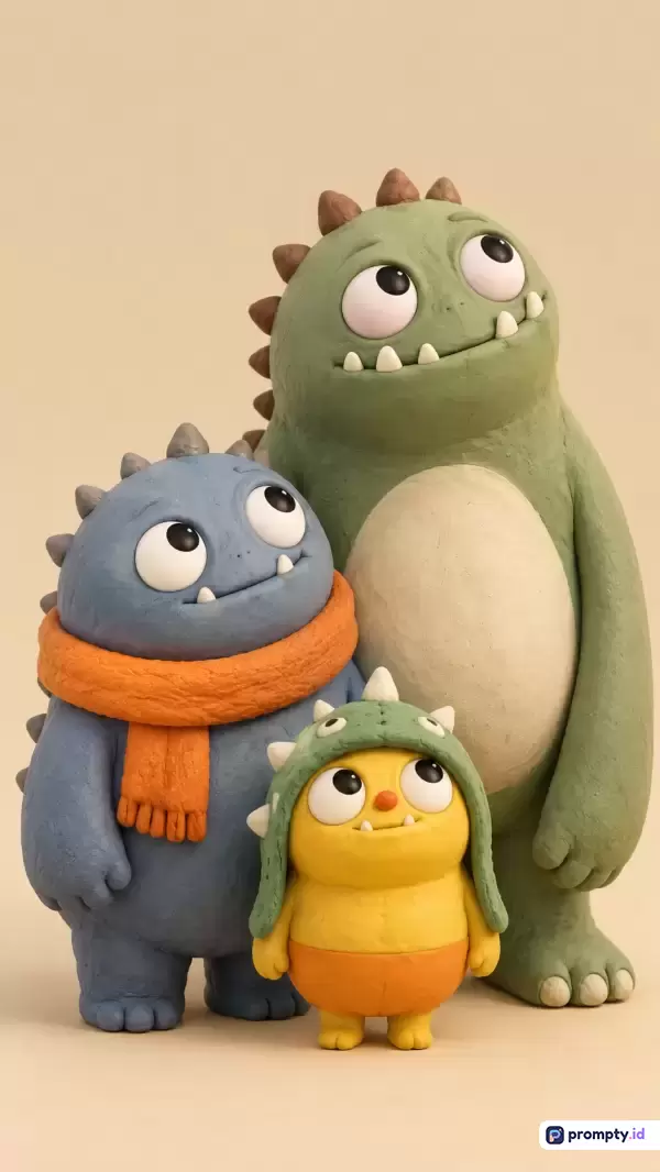 Gambar bergaya animasi claymation 3D yang menampilkan tiga karakter monster lucu bertekstur tanah liat—hijau besar, biru ber-syal oranye, dan kuning kecil bertopi—dengan latar krem polos, dominasi warna hijau, biru, dan oranye, serta kata kunci monster, tanah liat, animasi, lucu, dan keluarga.