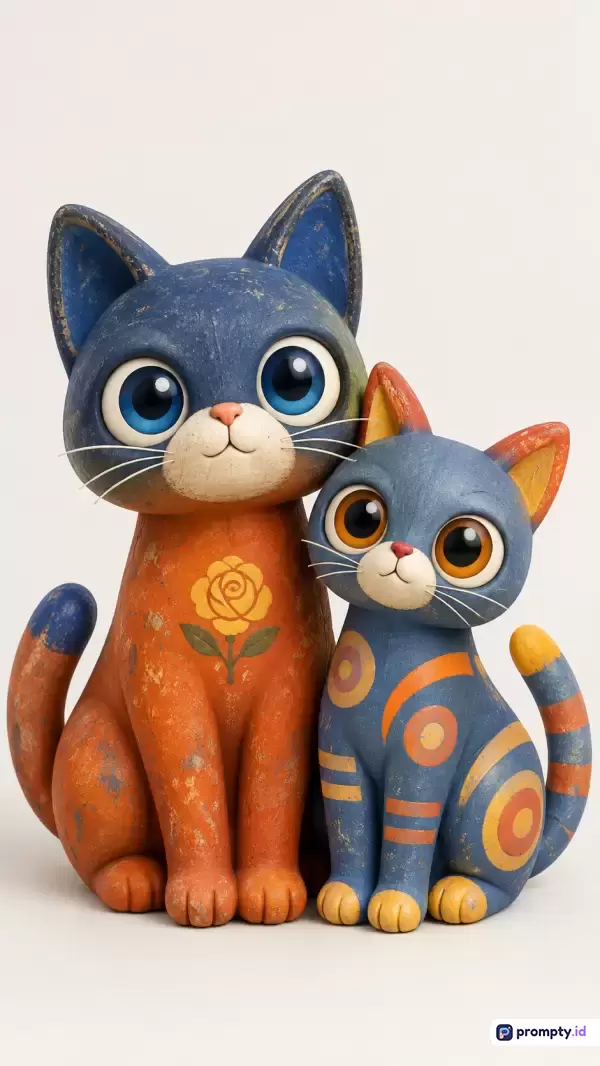 Gambar bergaya seni figuratif kayu buatan tangan dengan latar belakang putih ini menampilkan konten dua patung kucing bermata besar (induk dan anak) bertekstur unik, menggunakan palet warna dominan biru tua, oranye karat, dan kuning hangat, serta kata kunci kucing, patung, seni rakyat, kayu, buatan tangan, dekorasi, induk dan anak, mata besar, ilustratif, dan kerajinan.