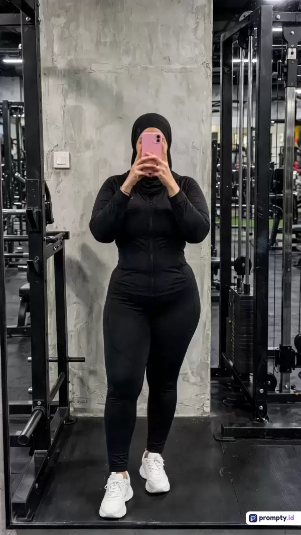 Gambar bergaya swafoto cermin (mirror selfie) ini menampilkan seorang wanita berhijab mengenakan pakaian olahraga serba hitam dengan sepatu putih, sedang berpose di dalam gym modern berlatar dinding semen ekspos dan peralatan fitness, dengan dominasi warna hitam, putih, dan abu-abu, serta kata kunci: wanita, gym, olahraga, hijab, cermin, fitness, dan kebugaran.