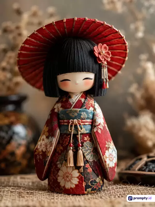 Gambar fotografi makro bergaya studio ini menampilkan boneka kokeshi tradisional Jepang berambut hitam pendek yang mengenakan kimono merah bermotif bunga dan payung merah, dengan latar belakang dekorasi artistik yang buram, serta kata kunci boneka tradisional, Jepang, kokeshi, kimono, budaya, mainan, merah, hitam, emas; warna dominan merah, hitam, dan cokelat.