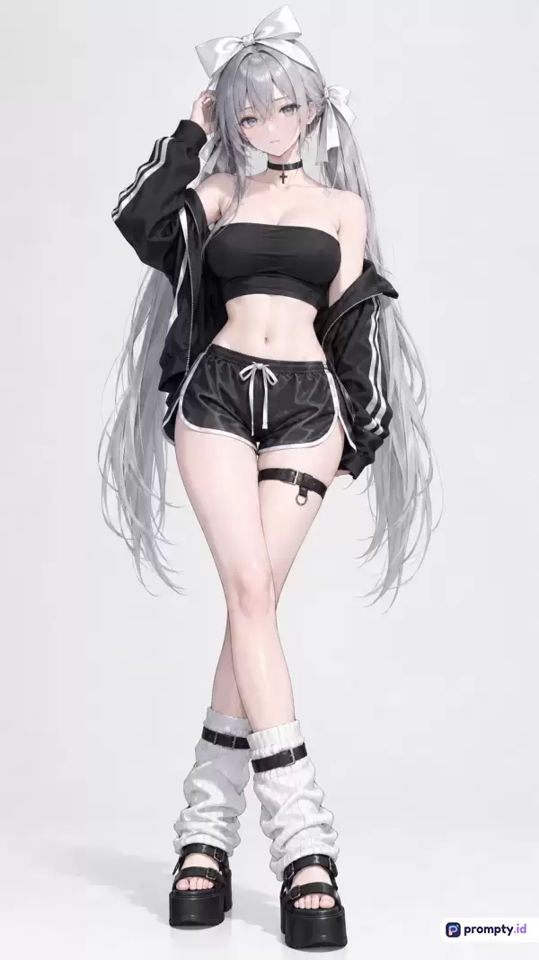 Gambar berformat digital ilustrasi anime ini menampilkan konten karakter wanita berambut panjang abu-abu dengan gaya pakaian olahraga monokrom modern, yang menggunakan kata kunci anime, fashion, sporty, goth, dan karakter, didominasi oleh warna hitam, putih, dan abu-abu.