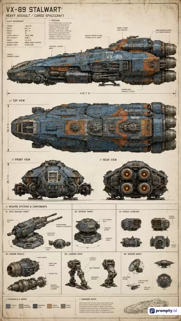 Gambar bergaya cetak biru skema fiksi ilmiah retro ini menampilkan konten diagram teknis kapal angkasa berat VX-89 Stalwart tampak samping, atas, depan, dan belakang beserta komponen senjatanya, yang diperkaya dengan kata kunci pesawat luar angkasa, skema teknik, fiksi ilmiah, militer, dan desain futuristik, menggunakan palet warna dominan biru kusam, cokelat karat, dan abu-abu terang.