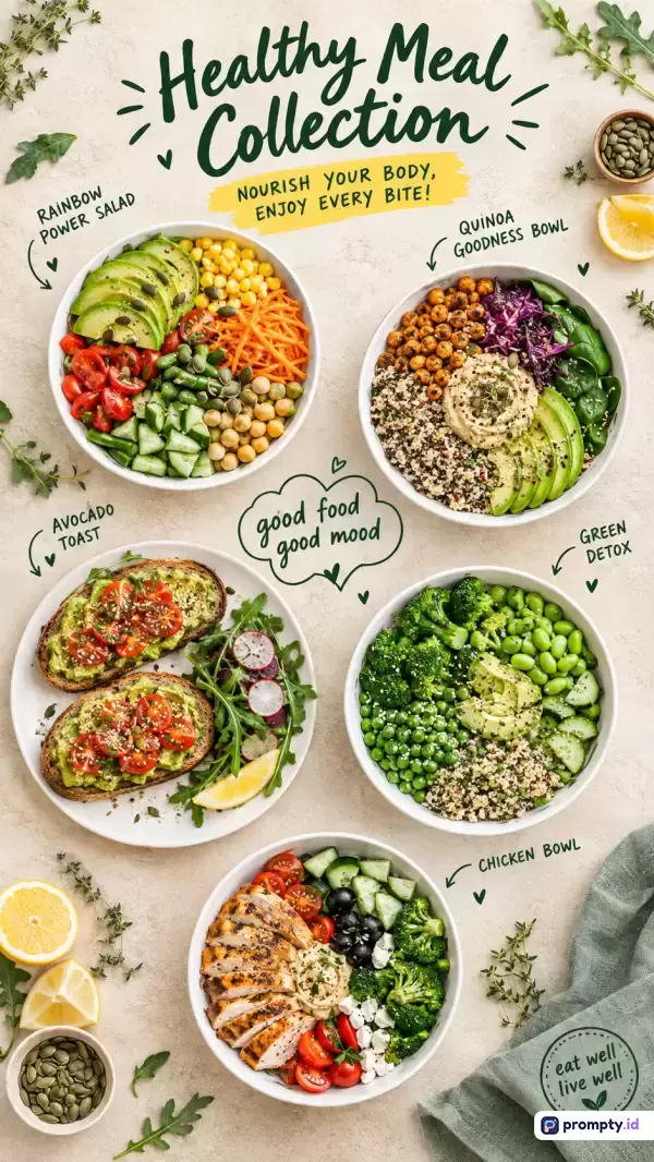 Gambar bergaya fotografi datar (flat lay) kuliner sehat ini menampilkan koleksi hidangan bergizi seperti salad mangkuk dan roti alpukat yang disusun secara artistik dengan dominasi warna hijau tua, kuning cerah, dan putih krem, serta didukung oleh kata kunci makanan sehat, diet nabati, segar, kuliner estetis, dan hidup sehat.