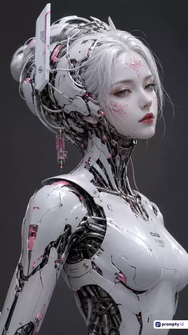 Gambar bergaya digital art sci-fi beresolusi tinggi ini menampilkan konten cyborg wanita futuristik dengan rambut putih dan ornamen wajah khas, memuat kata kunci cyborg, fiksi ilmiah, futuristik, robot wanita, dan kecerdasan buatan, dengan dominasi warna putih, abu-abu tua, dan merah muda.
