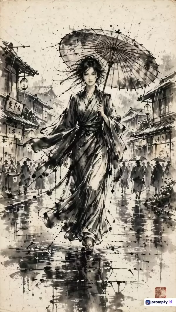 Gambar dengan gaya seni lukis tinta hitam (*sumi-e* / *watercolor splash*) ini menampilkan konten seorang wanita berkimono yang berjalan anggun sambil memegang payung kertas di jalanan kota tradisional Asia saat hujan, dengan kata kunci wanita, kimono, payung, hujan, jalanan tradisional, seni tinta, monokrom; serta memiliki tiga warna dominan yaitu hitam, putih, dan krem kecokelatan.