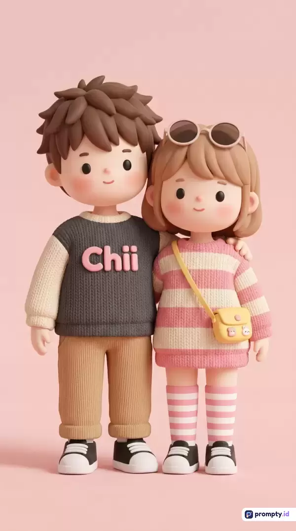 Gambar bergaya ilustrasi 3D Chibi yang menggemaskan menampilkan pasangan karakter laki-laki berambut cokelat dengan sweater abu-abu bertuliskan Chii dan perempuan berambut cokelat berkaos garis merah muda-putih mengenakan tas selempang kuning di atas latar belakang polos berwarna merah muda, dengan dominasi warna merah muda, abu-abu, dan krem, serta kata kunci: 3D, chibi, pasangan, ilustrasi, karakter, menggemaskan, boneka, fashion, dan romantis.