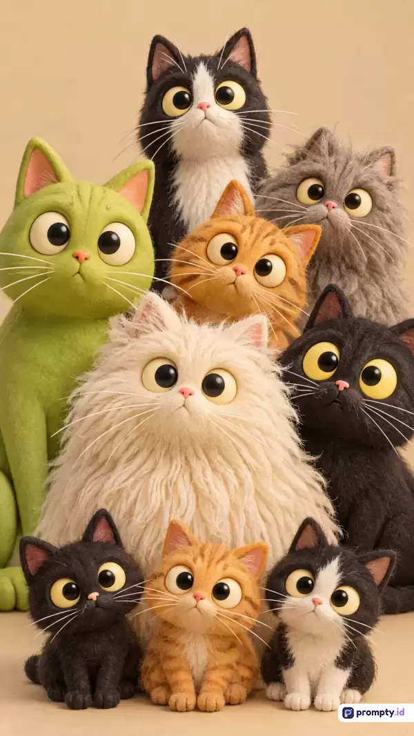 Gambar bergaya seni boneka wol *felt* 3D beresolusi tinggi ini menampilkan delapan kucing berbulu dengan berbagai warna—hijau, putih, oranye, dan hitam—yang memiliki mata besar menggemaskan dan menghadap ke atas, dengan tiga warna dominan krem, cokelat muda, serta hitam, serta kata kunci: kucing imut, seni wol, boneka 3D, hewan lucu, ilustrasi hewan.
