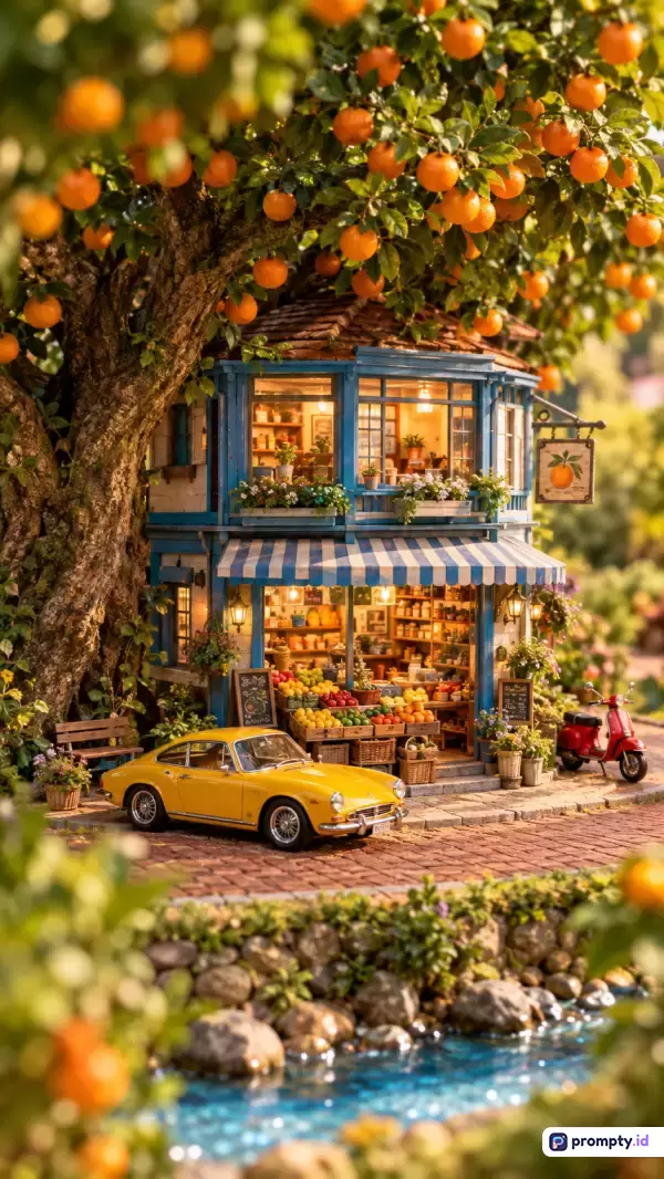 Gambar fotografi bergaya miniatur diorama ini menampilkan toko buah dan sayur vintage bertingkat dua yang dikelilingi pohon jeruk sarat buah, dilengkapi mobil klasik kuning serta motor skuter di depannya, dengan kata kunci: miniatur, toko buah, diorama, vintage, mobil klasik, jeruk, dan tiga warna dominan: jingga, biru, dan kuning.