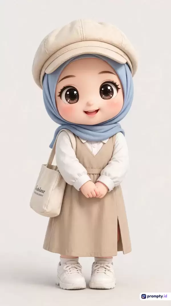 Gambar ber-gaya ilustrasi 3D yang sangat imut dan menggemaskan ini menampilkan konten seorang anak perempuan berhijab biru muda yang mengenakan topi baret krem, dress cokelat muda di atas kemeja putih, tas jinjing, serta sepatu kets, dengan kata kunci: boneka 3D, anak muslimah, hijab, busana muslim, gaya kasual, dan ilustrasi digital, didominasi oleh tiga warna utama yaitu krem, biru muda, dan putih.