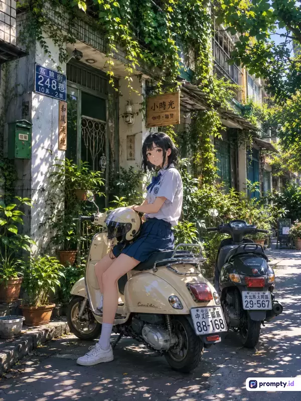 Gambar bergaya ilustrasi anime realistis ini menampilkan seorang gadis berambut hitam mengenakan seragam sekolah yang sedang duduk di atas skuter klasik berwarna krem di sebuah jalanan perkotaan yang asri dengan dominasi warna hijau daun, krem, dan putih, serta memiliki kata kunci pelajar, skuter klasik, estetika perkotaan, tanaman merambat, dan nostalgia.