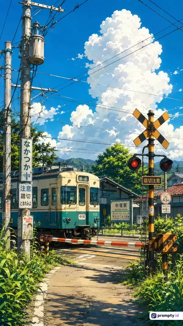 Gambar ilustrasi bergaya anime Jepang ini menampilkan pemandangan stasiun kereta api pedesaan dengan latar langit biru cerah dan awan kumulus putih besar, serta dominasi warna biru langit, hijau dedaunan, dan kuning cerah, dengan kata kunci: anime, kereta, stasiun, Jepang, awan, musim panas.