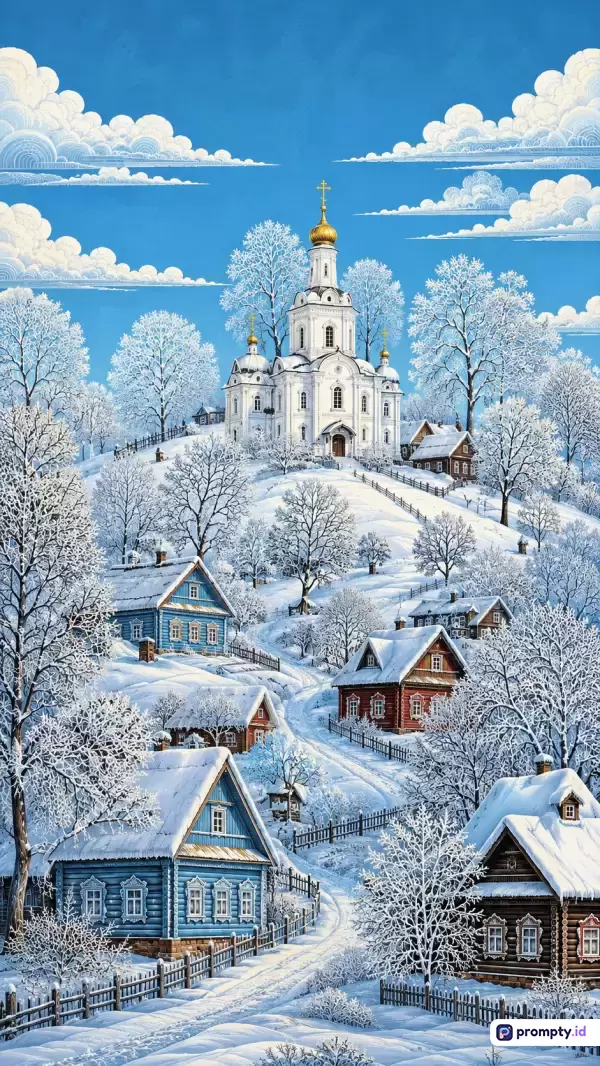 Gambar ilustrasi pemandangan musim dingin bergaya lukisan realis dengan konten desa bersalju dan gereja Ortodoks berKubah emas di bukit ini mencakup kata kunci lanskap, pedesaan, gereja, salju, dan musim dingin, serta didominasi oleh warna biru langit, putih salju, dan cokelat kayu.