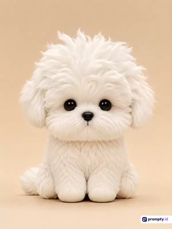 Gambar bergaya ilustrasi digital 3D beresolusi tinggi dengan konten seekor anak anjing putih berbulu lebat dan mata hitam besar yang imut, menggunakan palet warna dominan putih, krem, dan hitam, serta kata kunci: anak anjing, lucu, 3D, putih, menggemaskan, hewan peliharaan, dan ilustrasi.