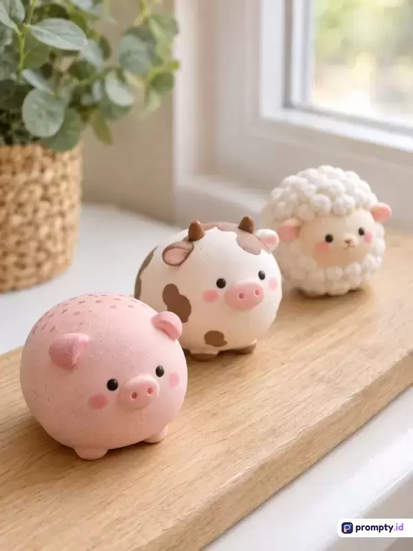 Gambar dengan gaya fotografi makro dan estetika kawaii ini menampilkan konten figur mainan hewan bulat lucu—babi, sapi, dan domba—yang berjejer di ambang jendela kayu dengan latar belakang tanaman hijau dalam pot anyaman, serta diidentifikasikan melalui kata kunci mainan lucu, dekorasi rumah, hewan ternak, kerajinan tangan, dan estetika minimalis, dengan dominasi warna merah muda (pink), cokelat, dan putih.