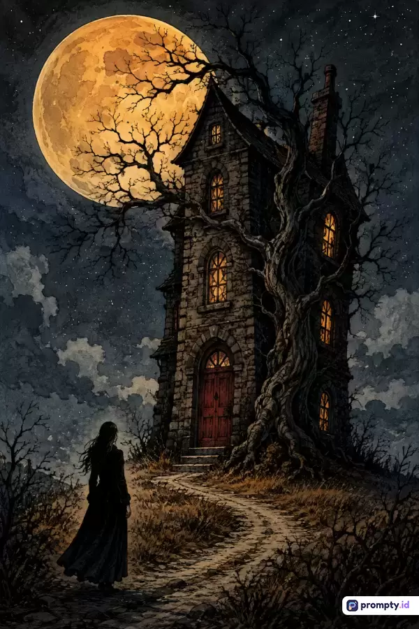 Ilustrasi digital bergaya gotik fantasi gelap ini menampilkan seorang wanita bergaun hitam yang berjalan menyusuri jalan setapak menuju rumah batu berhantu di bawah langit malam berbintang yang diterangi oleh bulan purnama besar berwarna kuning, dengan palet warna dominan hitam, abu-abu tua, cokelat tanah, dan kuning keemasan, serta kata kunci: rumah berhantu, bulan purnama, gotik, wanita bergaun hitam, fantasi gelap, malam seram.