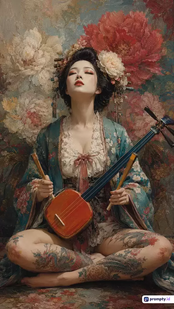 Gambar bergaya lukisan minyak klasik dengan sentuhan surealis ini menampilkan seorang wanita berambut hitam berhiaskan bunga dan bertato sedang duduk bersila sambil memegang alat musik tradisional shamisen berlatar belakang lukisan bunga peony raksasa, dengan kata kunci geisha, seni tubuh, musik tradisional, dan estetika oriental, serta didominasi oleh tiga warna utama yaitu hijau teal, merah marun, dan putih krem.
