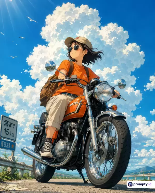 Gambar berstyle ilustrasi anime musim panas ini menampilkan seorang gadis berkaus oranye yang sedang menaiki sepeda motor klasik dengan latar belakang langit biru cerah dipenuhi awan kumulus putih dan burung camar terbang, serta menggunakan kata kunci petualangan, perjalanan, retro, dan kebebasan, dengan dominasi warna biru langit, oranye terang, dan putih awan dalam satu komposisi visual yang dinamis.