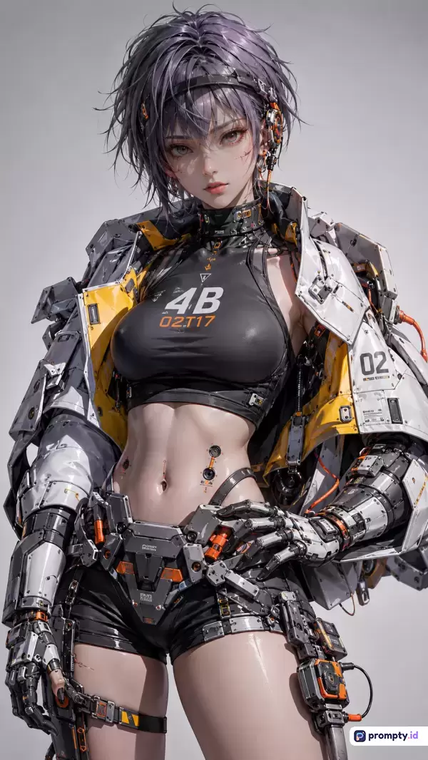 Gambar bergaya seni digital anime futuristik ini menampilkan karakter wanita cyborg berambut ungu pendek dengan pakaian taktis dan baju besi mekanik yang mendetail, menggunakan kata kunci fiksi ilmiah, mecha, cyberpunk, prajurit wanita, dan ilustrasi digital, serta didominasi oleh warna abu-abu, hitam, dan kuning.