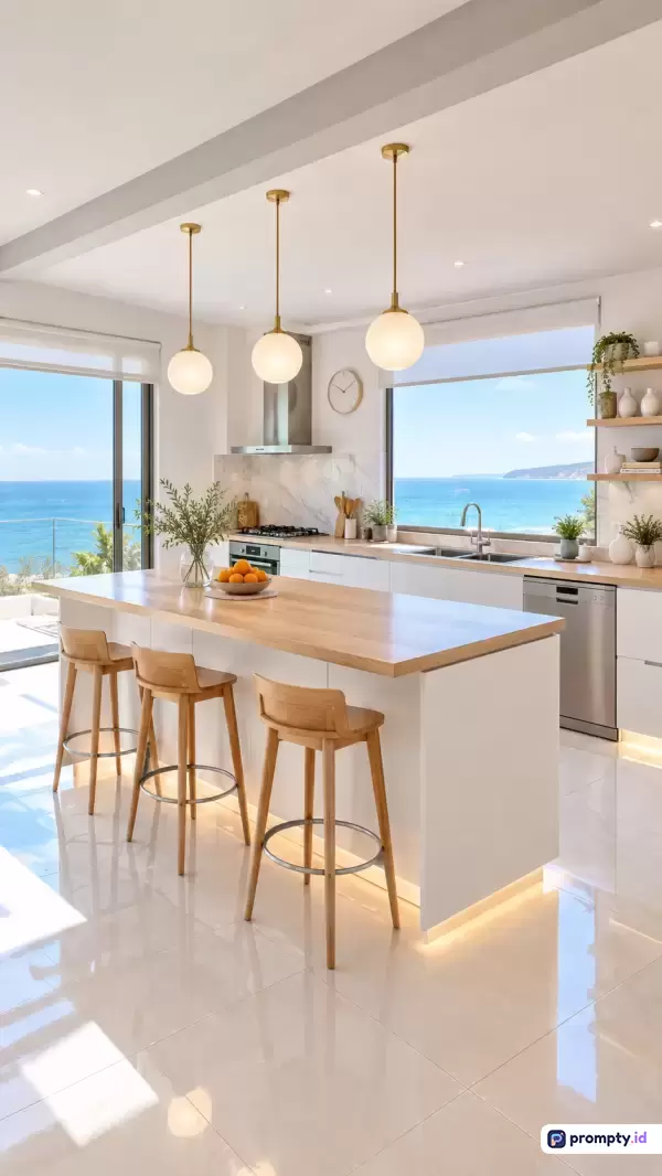 Gambar bergaya fotografi interior modern minimalis ini menampilkan konten dapur mewah berkonsep terbuka dengan pulau kayu terang dan kursi bar yang menghadap langsung ke pemandangan laut biru cerah, diperkaya dengan kata kunci desain kontemporer, dekorasi pantai, dan pencahayaan gantung estetik, serta didominasi oleh warna putih bersih, cokelat kayu hangat, dan biru laut segar.
