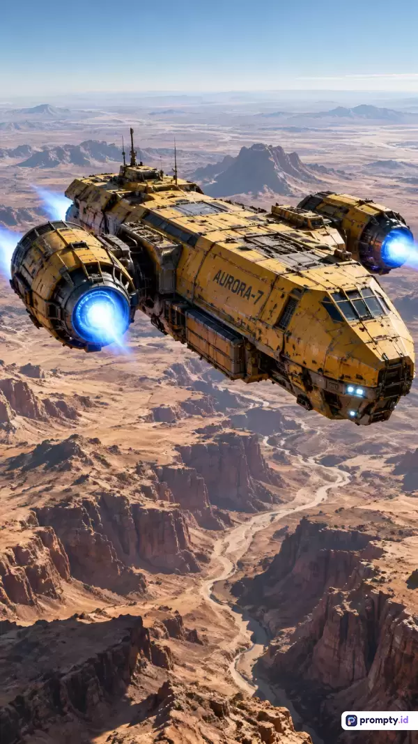 Gambar berstyle fiksi ilmiah realistik ini menampilkan konten pesawat luar angkasa industrial kuning AURORA-7 yang terbang rendah di atas ngarai tandus, dengan kata kunci eksplorasi angkasa, kapal kargo, lanskap alien, masa depan, dan petualangan; didominasi oleh warna kuning, cokelat tanah, dan biru cerah.
