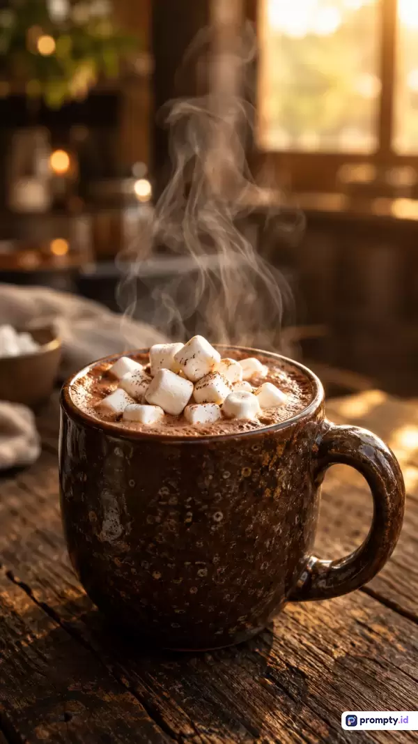 Gambar bergaya fotografi komersial bernuansa hangat ini menampilkan konten secangkir cokelat panas dengan taburan marshmallow putih lembut di atas meja kayu pedesaan dengan latar belakang dapur remang-remang yang diterbit-terangi sinar matahari sore, menggunakan kata kunci cokelat panas, marshmallow, musim dingin, minuman hangat, serta didominasi oleh warna cokelat tua, putih, dan jingga keemasan.