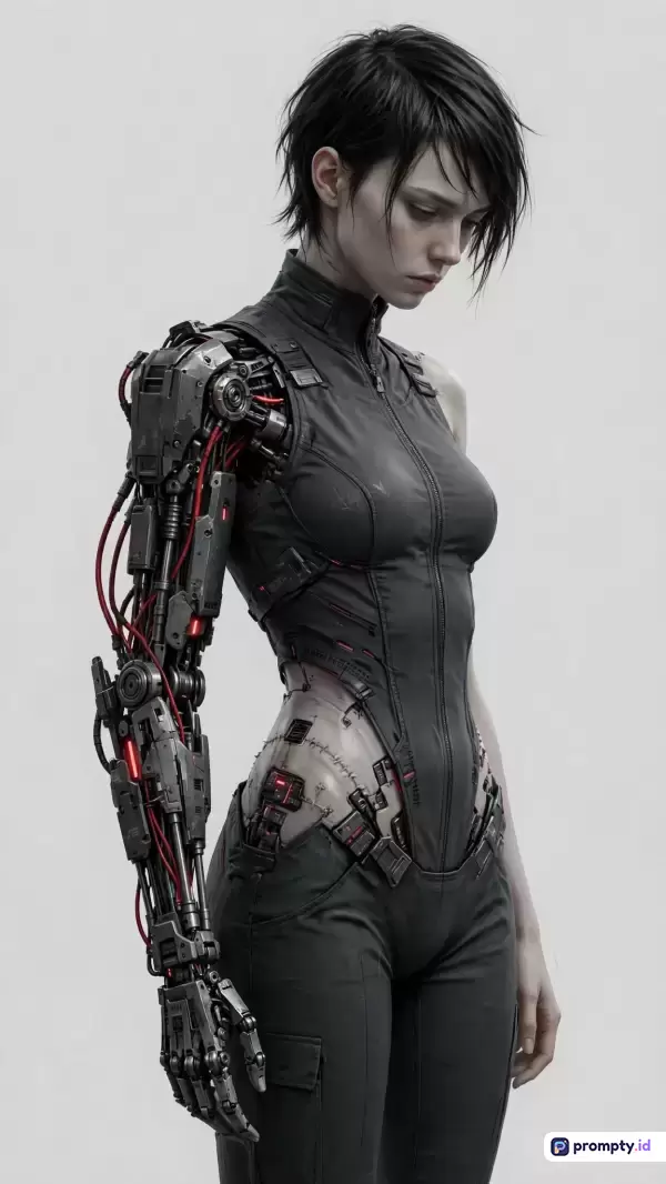 Gambar bergaya seni digital fiksi ilmiah bergenre cyberpunk ini menampilkan konten seorang wanita berambut pendek dengan modifikasi tubuh bionik, menampilkan lengan kanan mekanik yang kompleks serta komponen robotik pada bagian pinggangnya dengan palet warna dominan abu-abu, hitam, dan merah, serta kata kunci: cyborg, wanita, bionik, robot, fiksi ilmiah, futuristik, mekanik, cyberpunk.