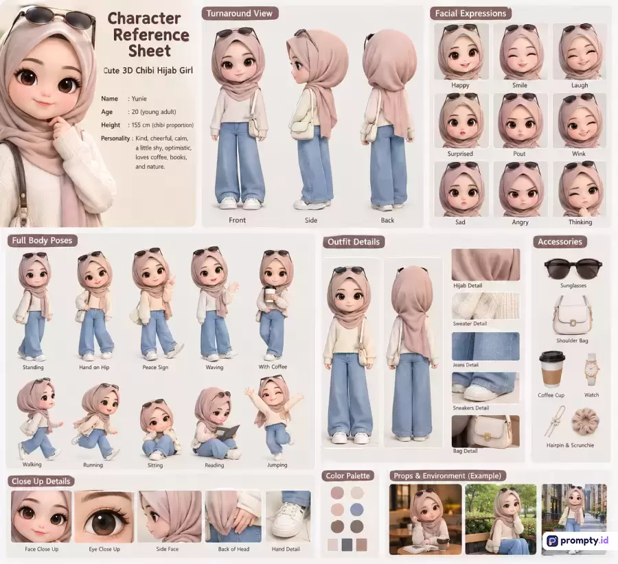 Lembar referensi karakter 3D gaya chibi yang menampilkan karakter wanita berhijab bernama Yunie dengan gaya seni digital modern, menampilkan berbagai ekspresi wajah, pose tubuh, dan detail pakaian dalam palet warna pastel yang didominasi oleh warna krem, biru muda, dan cokelat muda, serta dilengkapi kata kunci karakter, hijab, chibi, 3D, dan referensi.