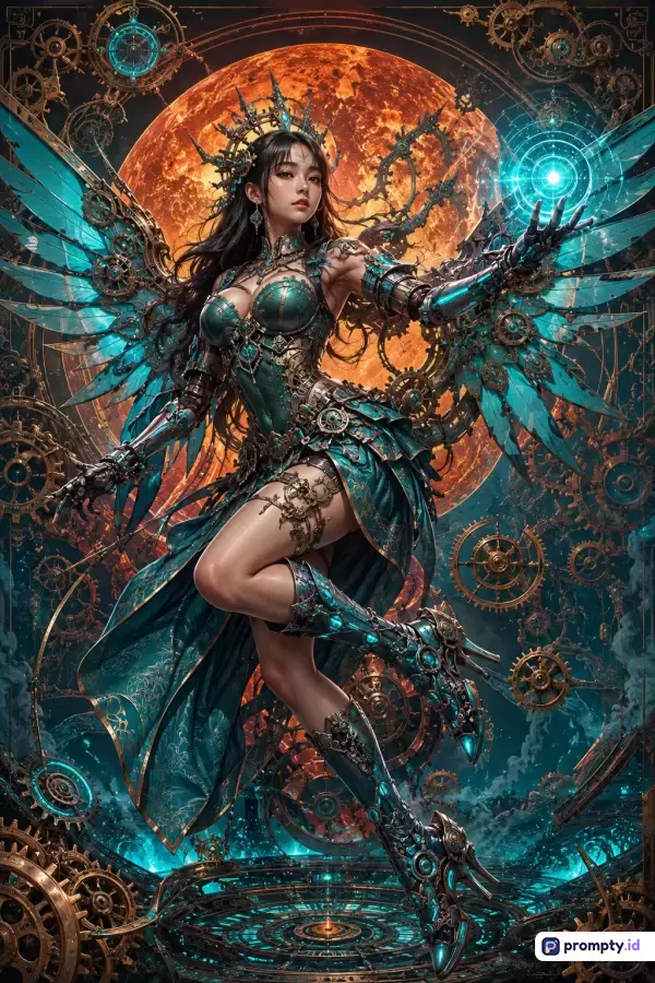 Gambar bergaya seni digital fantasi-steampunk ini menampilkan sesosok wanita bersayap mekanik dengan latar belakang bulan oranye dan roda gigi rumit, dengan kata kunci: steampunk, fantasi, wanita bersayap, mekanik, sci-fi, dan tiga warna dominan yaitu toska, cokelat tua, dan oranye terang.