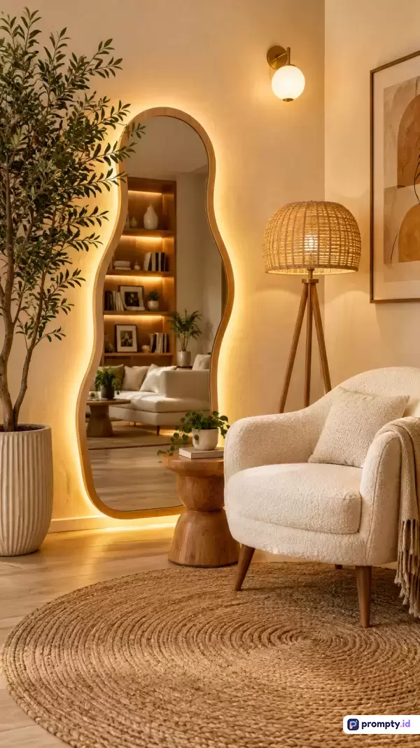 Gambar bergaya interior minimalis modern ini menampilkan konten sudut ruangan yang hangat dengan cermin bergelombang LED, kursi krem berbulu, lampu lantai anyaman, dan tanaman hias, serta menggunakan kata kunci dekorasi estetik, ruang tamu cozy, pencahayaan hangat, dan cermin unik dengan tiga warna dominan yaitu krem, cokelat kayu, dan kuning hangat.