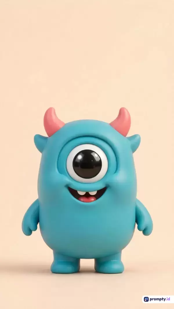 Gambar bergaya mainan 3D digital ini menampilkan konten karakter monster menggemaskan berwarna biru dengan satu mata besar, tanduk merah muda, dan senyum lebar berigi, dengan kata kunci: monster lucu, mainan 3D, karakter kartun, mata satu, imut; serta didominasi oleh warna biru muda, merah muda, dan krem.