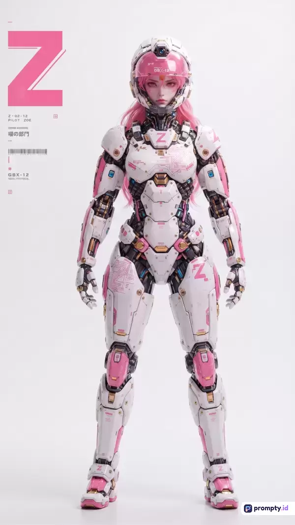 Gambar bergaya fiksi ilmiah futuristik ini menampilkan karakter wanita berambut merah muda yang mengenakan armor mekanis berteknologi tinggi berwarna putih, pink, dan hitam dengan latar belakang minimalis, sementara kata kunci utamanya meliputi cyberpunk, mecha, pilot, futuristik, dan sci-fi, serta tiga warna dominannya adalah putih, merah muda, dan abu-abu.