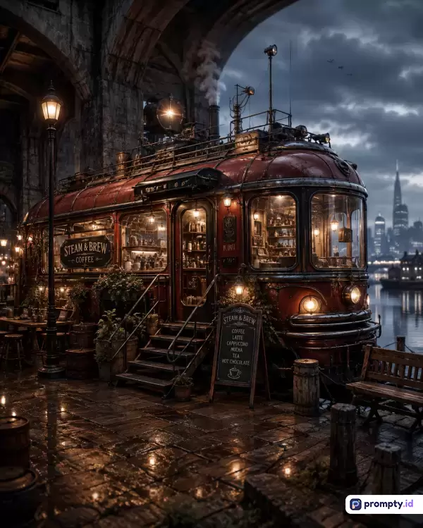Gambar bergaya sinematik digital art ini menampilkan kedai kopi unik di dalam trem antik bergaya steampunk yang terparkir di dermaga batu basah pada senja hari dengan dominasi warna merah tua, cokelat gelap, dan abu-abu malam, serta kata kunci trem antik, steampunk, kedai kopi, dermaga, hujan, dan kota futuristik.