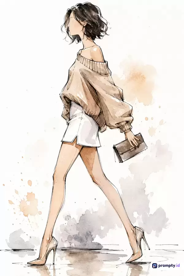Ilustrasi mode bergaya sketsa cat air yang menampilkan seorang wanita berambut pendek mengenakan baju off-shoulder krem dan rok putih dengan latar belakang minimalis, memiliki kata kunci fesyen, ilustrasi, wanita, cat air, dan gaya, serta didominasi oleh warna krem, putih, dan cokelat.