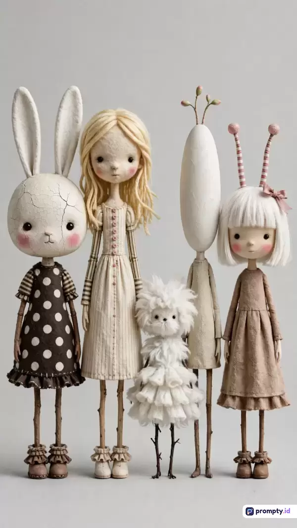 Gambar ini menampilkan gaya seni boneka buatan tangan yang surealis dan unik dengan konten sekelompok karakter fantasi menyerupai manusia dan makhluk aneh berbalut pakaian kain vintage, yang dikayakan oleh kata kunci seperti boneka seni, fantasi, vintage, dan surealis, dengan palet warna dominan putih gading, cokelat tanah, dan krem lembut.