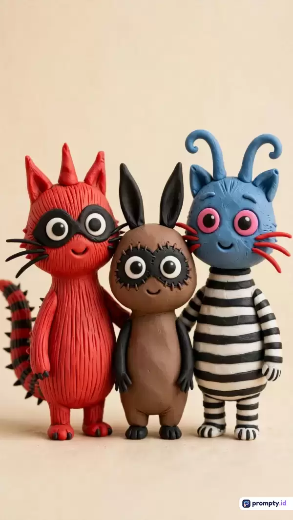 Gambar bergaya seni pahat tanah liat (*claymation*) ini menampilkan konten tiga figur monster kartun menggemaskan dengan komposisi berdiri berdampingan di atas latar belakang krem polos, menggunakan palet warna dominan merah, cokelat, dan biru, serta kata kunci: figur tanah liat, monster lucu, seni kerajinan tangan, karakter kartun, boneka miniatur.