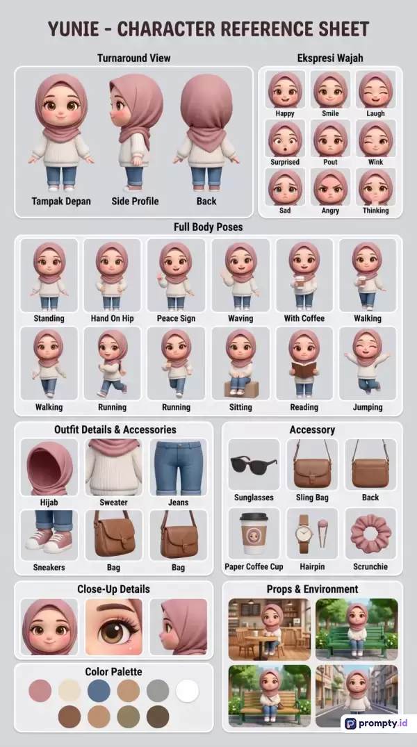 Lembar referensi karakter 3D bergaya Chibi bernuansa modern-casual ini menampilkan karakter wanita berhijab bernama Yunie dengan gaya visual render halus, menampilkan konten lengkap berupa *turnaround*, ekspresi wajah, pose tubuh, detail pakaian, aksesori, hingga *props* lingkungan dalam palet warna dominan abu-abu terang, merah muda (dusty pink), dan cokelat.