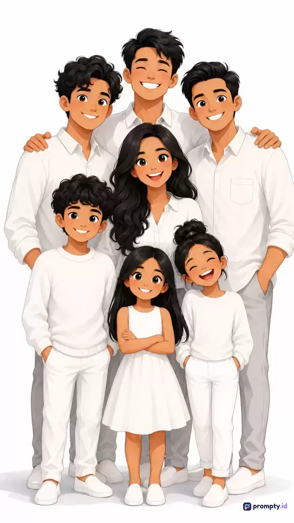 Gambar berformat ilustrasi digital dengan gaya seni animasi modern menampilkan potret keluarga besar yang kompak mengenakan pakaian serba putih dan abu-abu, memuat kata kunci keluarga, kebersamaan, harmoni, potret, dan kasih sayang, didominasi oleh warna putih, hitam, dan cokelat kulit hangat.