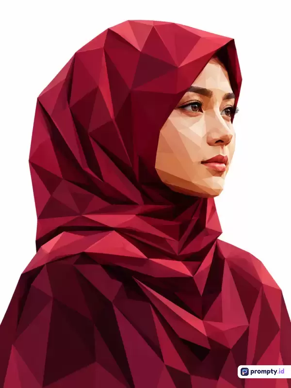 Gambar berformat seni digital dengan gaya low poly ini menampilkan konten potret seorang wanita berhijab merah yang elegan, menggunakan palet warna merah tua, krem, dan cokelat gelap, serta dikayaan dengan kata kunci seperti seni geometri, ilustrasi wanita muslimah, dan desain vektor poligonal.